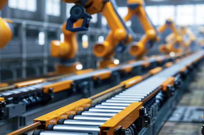 Robôs industriais sobre uma linha de transportadores