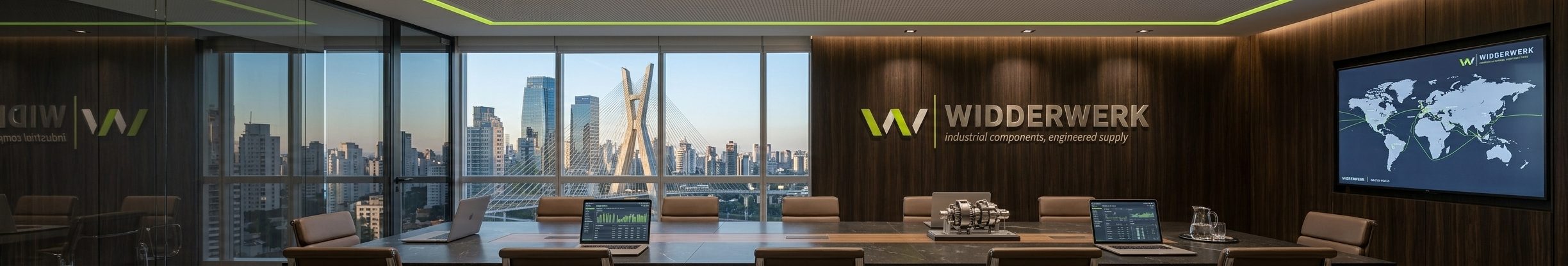 Sala de reuniões da Widderwerk, com vista para a Ponte Estaiada em São Paulo